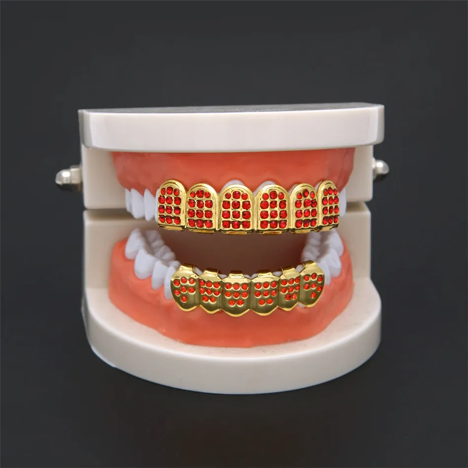 Grills New Glod Silver Plated Iced Out Red Rhinestones Hip Hop Teeth For Mouth Grillz Caps Top Bottom Grill Set Teeth SMEYCHE