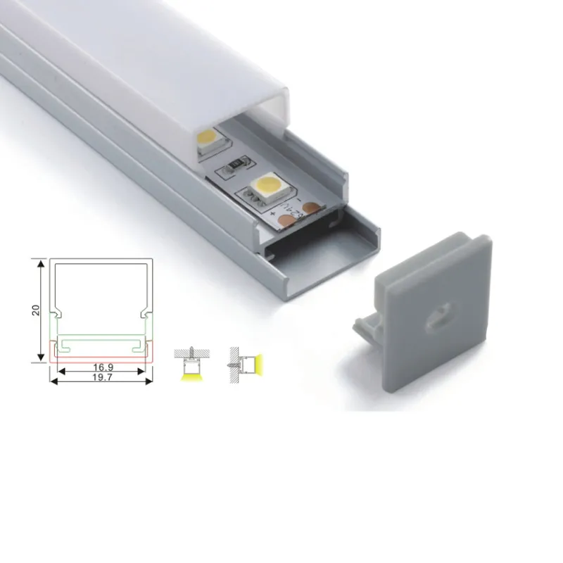 50 x 1m Sats / Lot anodiserad Silver Aluminium Profil LED Strip och Square Alu LED-profil för tak eller vägglampa