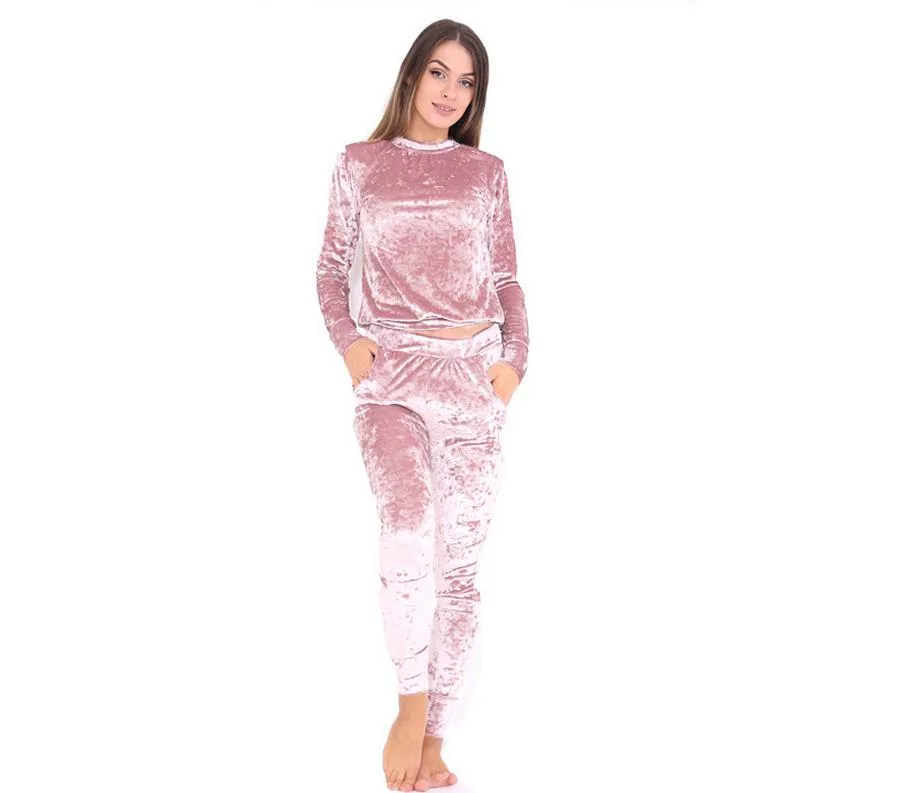 Agasalho de veludo conjunto de duas peças feminino sexy rosa manga longa topo e calças bodysuit terno pista moda 2017 trainingspak plus size 5434645