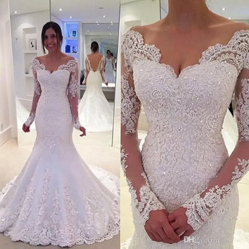 2021 nuovi abiti da sposa moderni a sirena maniche lunghe scollo a V bianco avorio applicazioni di pizzo in rilievo corte dei treni Sheer Back abiti da sposa personalizzati