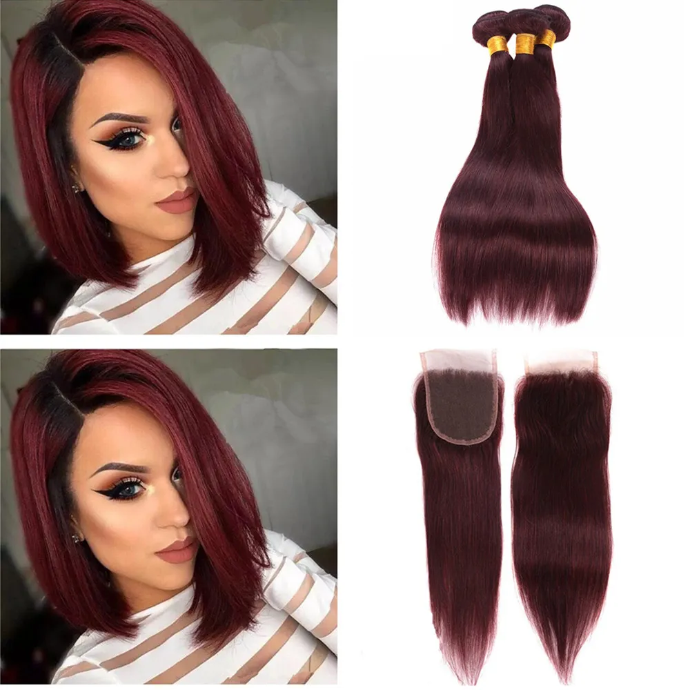 99J Peruvian Human Hair Buntar med 4 * 4 Spets Avslutning 4st Lot Burgundy Rikt hår med stängning Vin Röd hårbuntar med topplåsningar