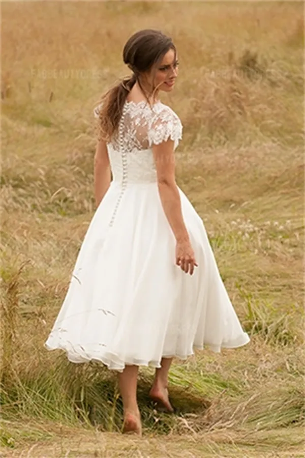 2022 Vintage Tea Längd Bröllopsklänningar Klänningar Sheer Bateau Neck Lace Applique Cap Sleeve A-Line Plus Size Organza Country Garden Bridal Gown