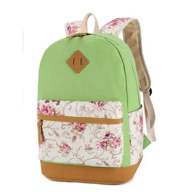 Marca de diseñador de la marca Genuine Floral Lona de lienzo de cuero mochilas para la escuela para adolescentes mochila para mujeres.