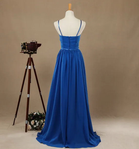 Blue Halter Thin Straps robes de demoiselle d'honneur Longueur de plancher robes de soirée robes de soirée en mousseline de soie avec plis robe de bal Real Images