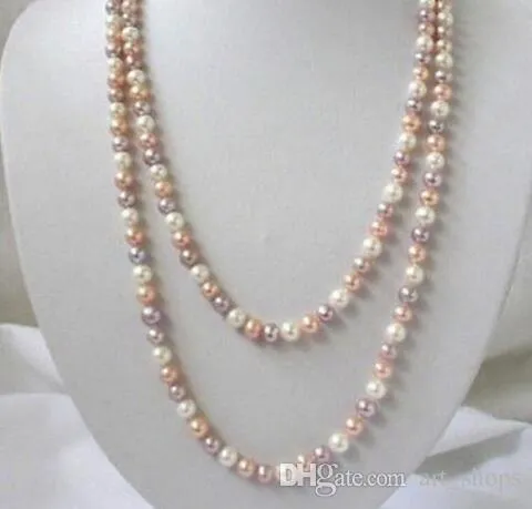 Lang 34 "7-8mm Real Natural White Pink Purple Akoya Cultured Pearl Necklace