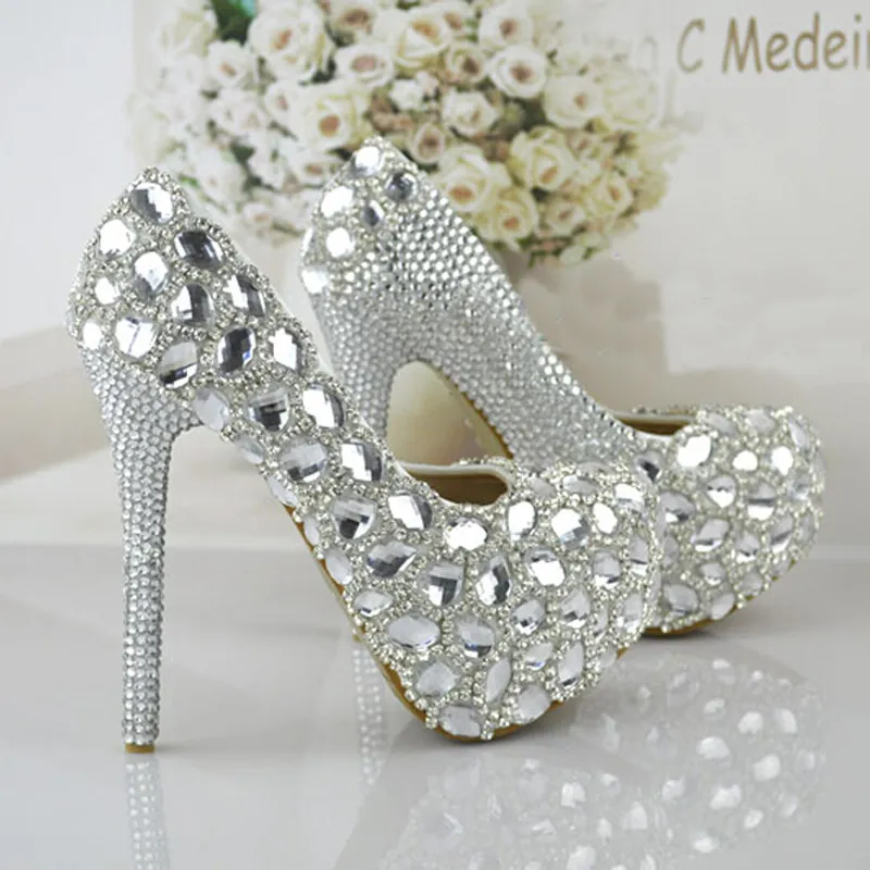 Silver Rhinestone Vacker Prom Party Women High-Heeled Bröllop Skor Bruden Signle Skor Pumpar Storlek 34-43 Bridesmaids Skor