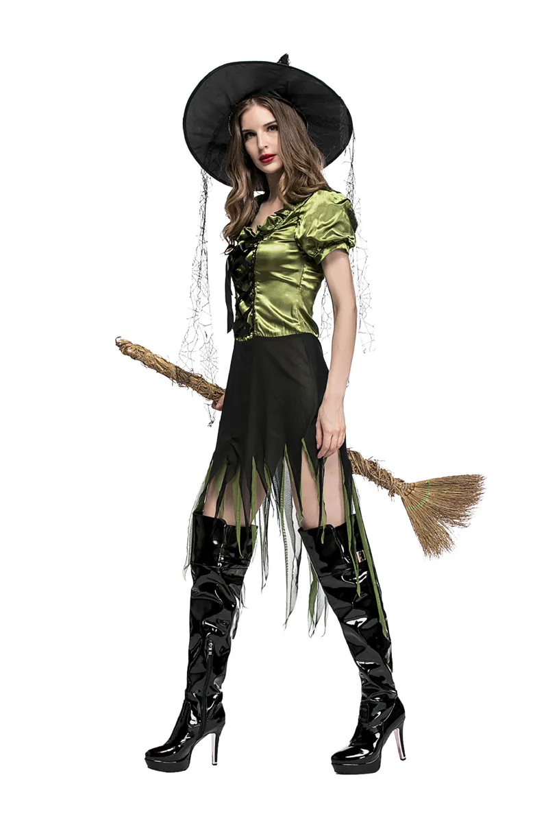 Sexy Green Adult Witch Magician Cosplay Dress Women Fantasy Halloween Costume Irregular Gothic Dress With Hat