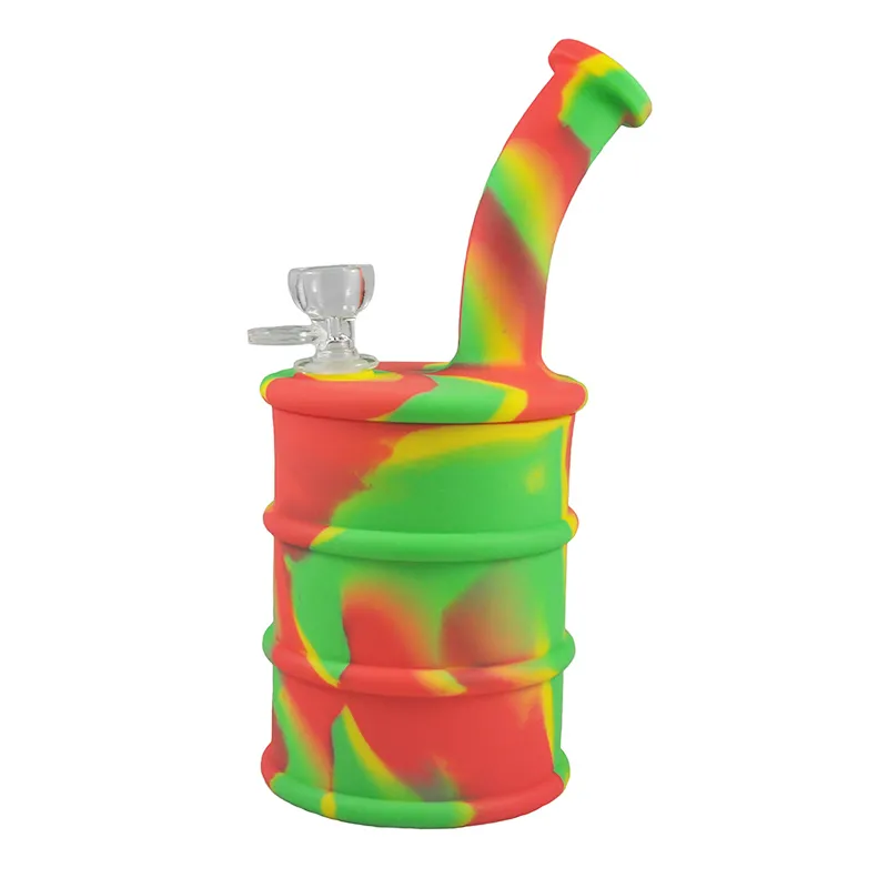 7 färger silikonbongs vattenrör med glasrörskålar stora oljetrummor formade i stockglas silikon bongs vattenrör