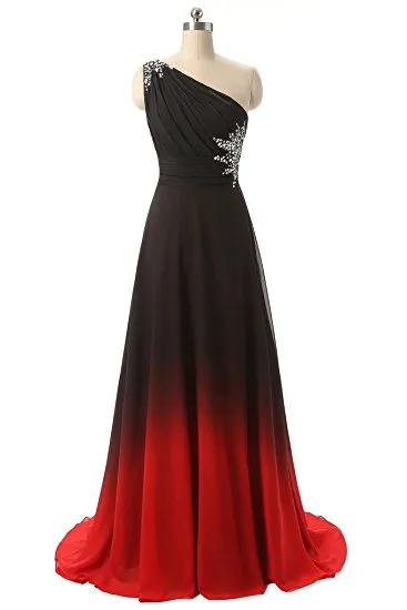 2021 Gradiënt Chiffon One Shoulder Prom Dresses Beaded Vloer-length Avond Formele Lange Speciale Gelegenheid Feestjurk QC438