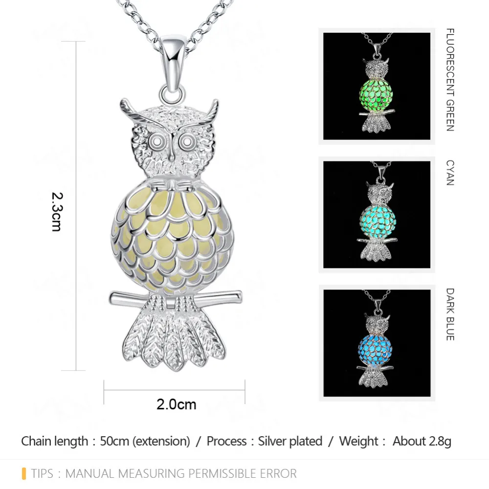 3色ヨーロッパスタイルの発光フクロウのペンダントネックレス卸売の卸売輝き女性男性フクロウのデザインの発光宝石ジュエリー