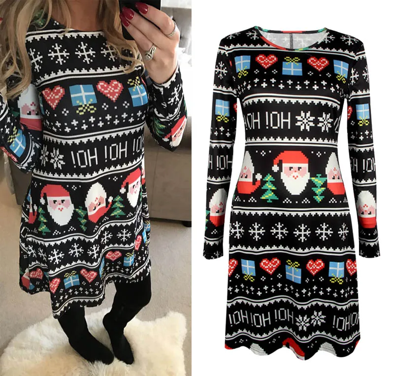 2017 Winter Herbst Weihnachten Kleid Frauen Langarm Weihnachten Kostüme Santa Deer Gedruckt Kleider Frauen Weihnachten Party Kleidung 5XL Größe 0213