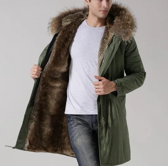 brown fur collar hoody rabbit fur lining army green long parkas Lavish fur long style snow winter men coats