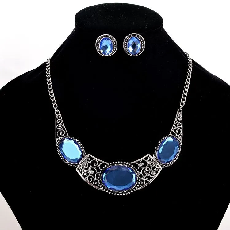 Vintage Tibetan Silver Plated Choker Necklace Earrings Jewelry Sets Personaly Bridal Large Blue Crystal Jewelry Set for women wedding bijoux