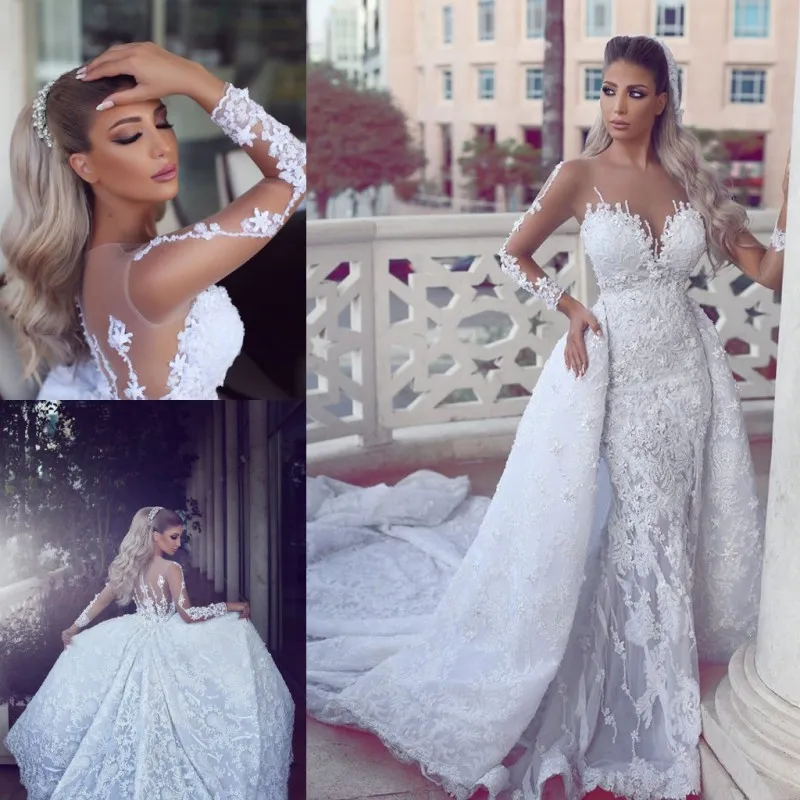 Robes de mariée sirène en dentelle de luxe avec train détachable 2017 date pure cou manches longues robes de mariée appliques boutons arrière robes