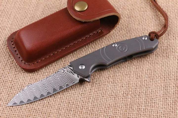 Special Offer New Design Damascus Flipper Folding knife 60HRC Blade TC4 Titanium Handle EDC Pocket folding knife Gift knives