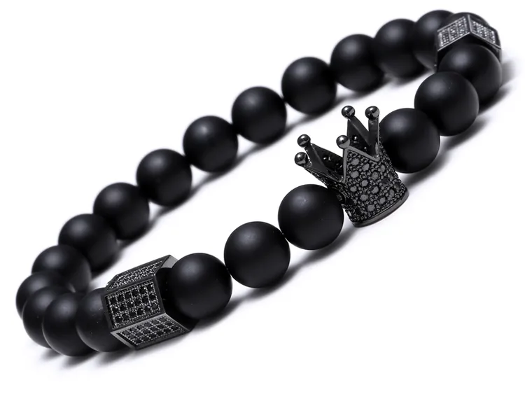 Black Skull Strands Mężczyźni Titanium Stal Bransoletka 8mm Naturalne Onyx Kamień Koraliki Urok Biżuteria Moda Prezent Walentynki Wakacje Boże Narodzenie