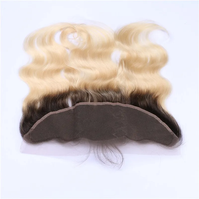 TWEE TONE 1B / 613 Blonde Ombre Menselijk Haar Kant Frontale Sluiting 13x4 met Baby Haar Body Wave Dark Root Blonde Full Lace Frontals