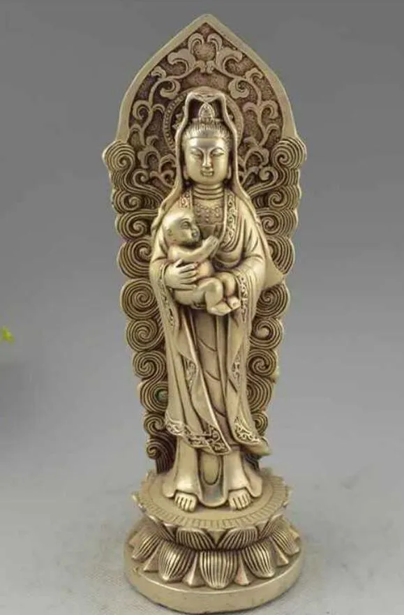 Chine Bouddhisme Argent Prier Bénir Enfant Garçon Guanyin Kwan-Yin Déesse Statua de Bouddha