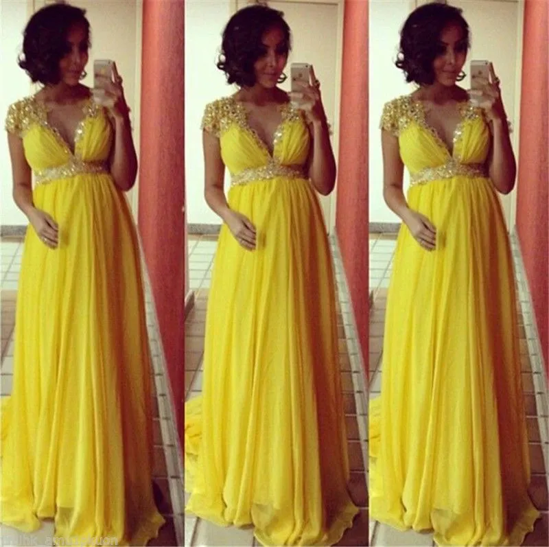 Evening Dresses Lebanon Yellow Cap Sleeve Chiffon Beaded Evening Gowns Summer Maternity Pregnant Sexy Formal Evening Dresses Plus Size