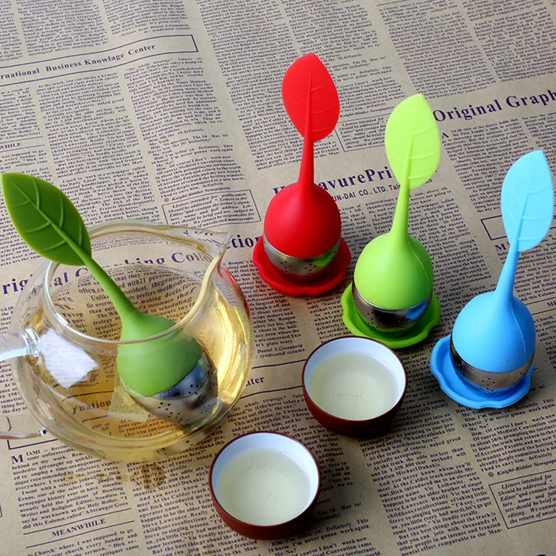 Filtro de chá de silicone em forma de folha, infusor de chá, coador reutilizável com bandeja de gotejamento, aço inoxidável, maceradores de bolas de chá, filtros de saquinhos de chá