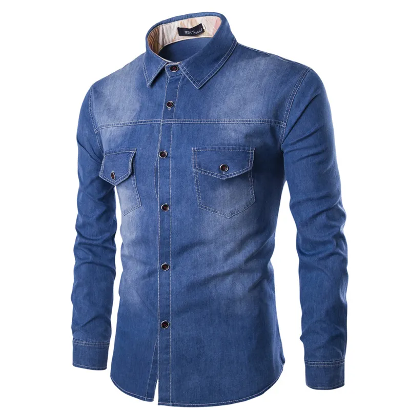 Wholesale- New Mens Jean Shirt Cotton Slim Fit Casual Denim Shirts Long Sleeve Male Cowboy Shirt Camisa Jeans Masculina Size 6XL