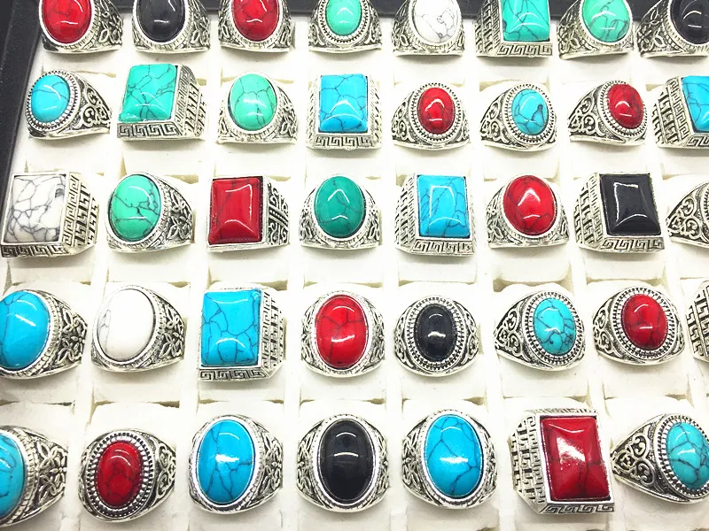 Turquoise Gemstone Ring Mix Style Antique Silver Vintage Stone Anneau pour homme Femmes Bijoux entiers 7027365