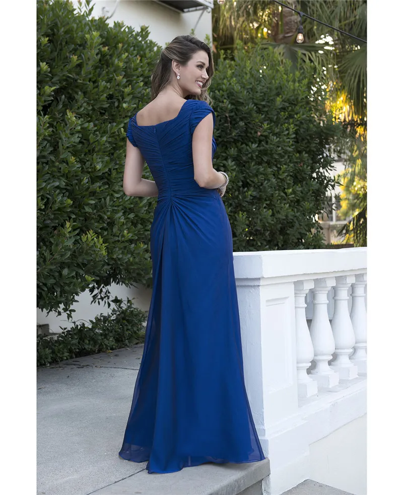 Kraliyet Mavi Mütevazı Nedime Elbiseleri Uzun Kısa Kollu Şifon Pleats Boncuk Örgün Akşam Düğün Parti Elbiseler