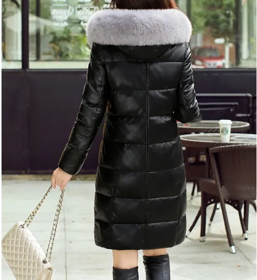 Nuevo abrigo de piel de oveja auténtica para mujer, piel de zorro natural con capucha, plumón de pato blanco, abrigo parka cálido medio largo, casacos 5XL