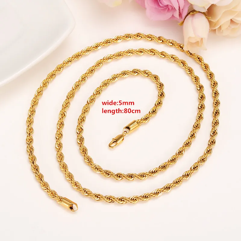 31" Big Chunky Long Hip Hop Yellow Gold Chain Twist Rope Necklace Men Jewelry 18K Gold Gun Filled Brass African Ethiopian Lengthening
