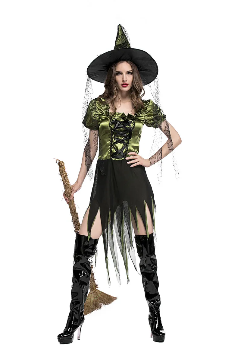 Sexy Green Adult Witch Magician Cosplay Dress Women Fantasy Halloween Costume Irregular Gothic Dress With Hat