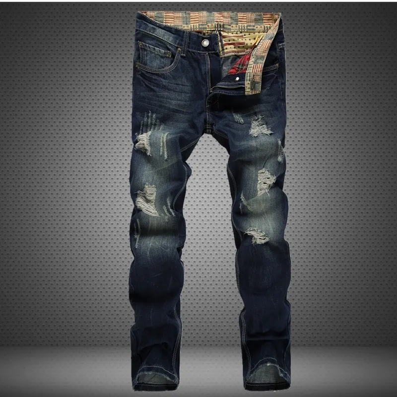 Wholesale-2016 marca moda designer mens rasgado jeans desgastado buraco em linha reta fit calça jeans casual denim calças europeia américa estilo