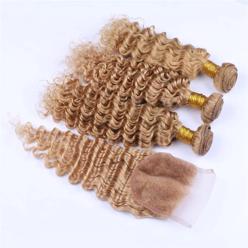 Grado 9A Honey Blonde Deep Wave Lace Closure # 27 Fasci di capelli ricci a onde profonde con chiusura in pizzo Capelli biondi castani Chiusura parte libera