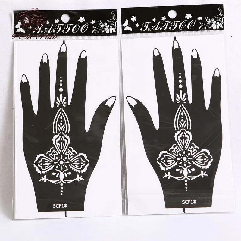All'ingrosso-10 paia (20 pezzi) Stencil per tatuaggi a mano all'henné, aerografo con glitter per fiori Modelli di stencil per tatuaggi all'henné Mehndi per pittura per il corpo 20 * 11 cm
