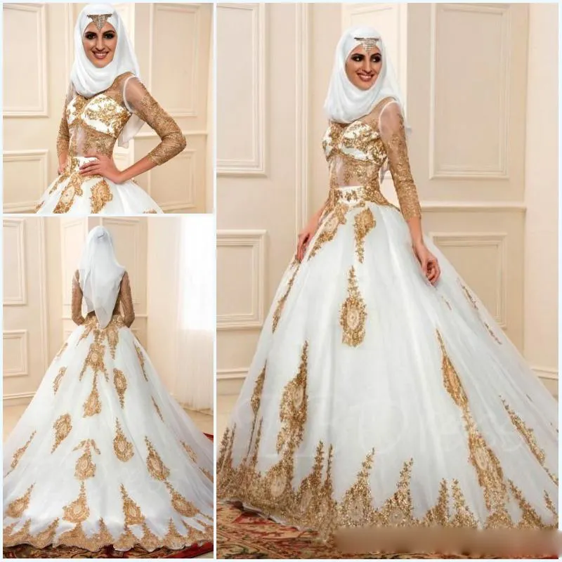 Muslim Wedding Dresses 2017 With Gold applique And 3/7 Sleeves Sexy sheer indian styles arabic a-line bridal gowns robe de mariage