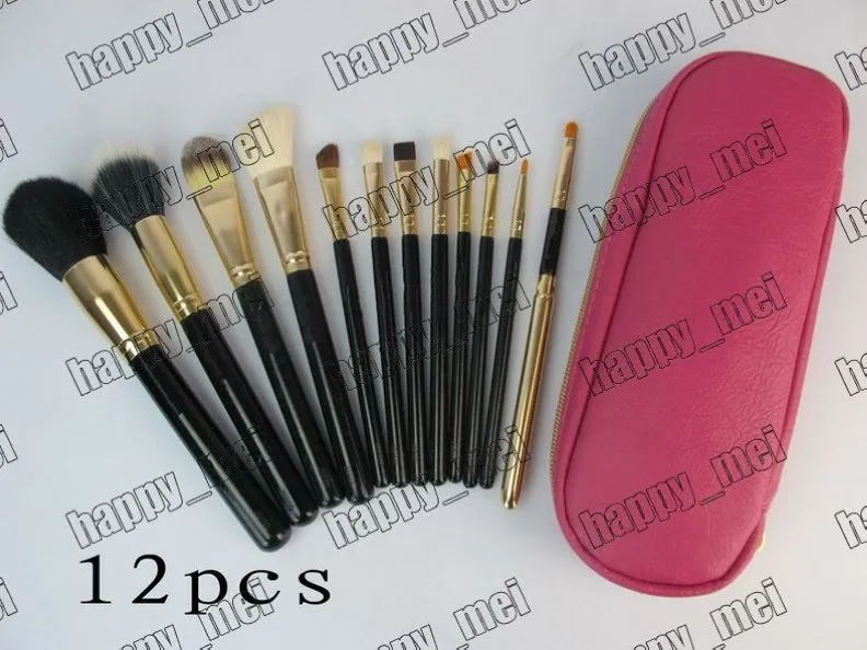 Factory Direct DHL gratis verzending Hot Nieuwe make-up gereedschap accessoires borstels 12 stuks borstel met roze lederen pouch!