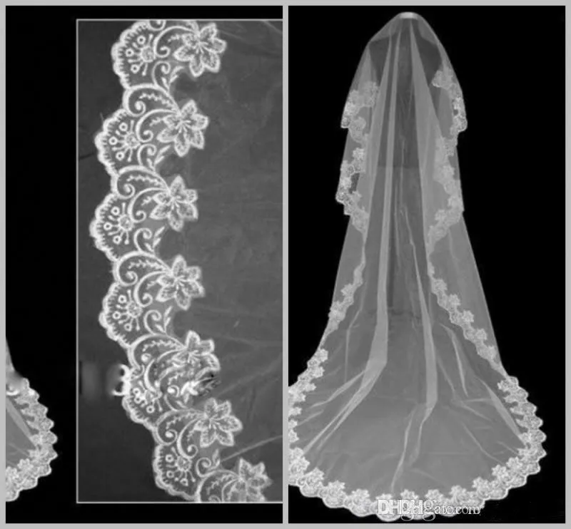 Cheapest 2018 Elegant Wedding Accessories White Tulle 3 Meters Long Veil Wedding Veil Lace Appliques Bridal Veil