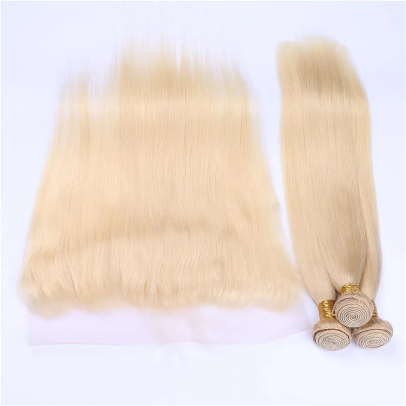 # 613 Russe Blonde Vierge Cheveux Humains 3 Bundles Avec Frontale Soyeuse Droite Blonde Dorée Oreille à Fermeture Frontale 13x4 Avec Tissages