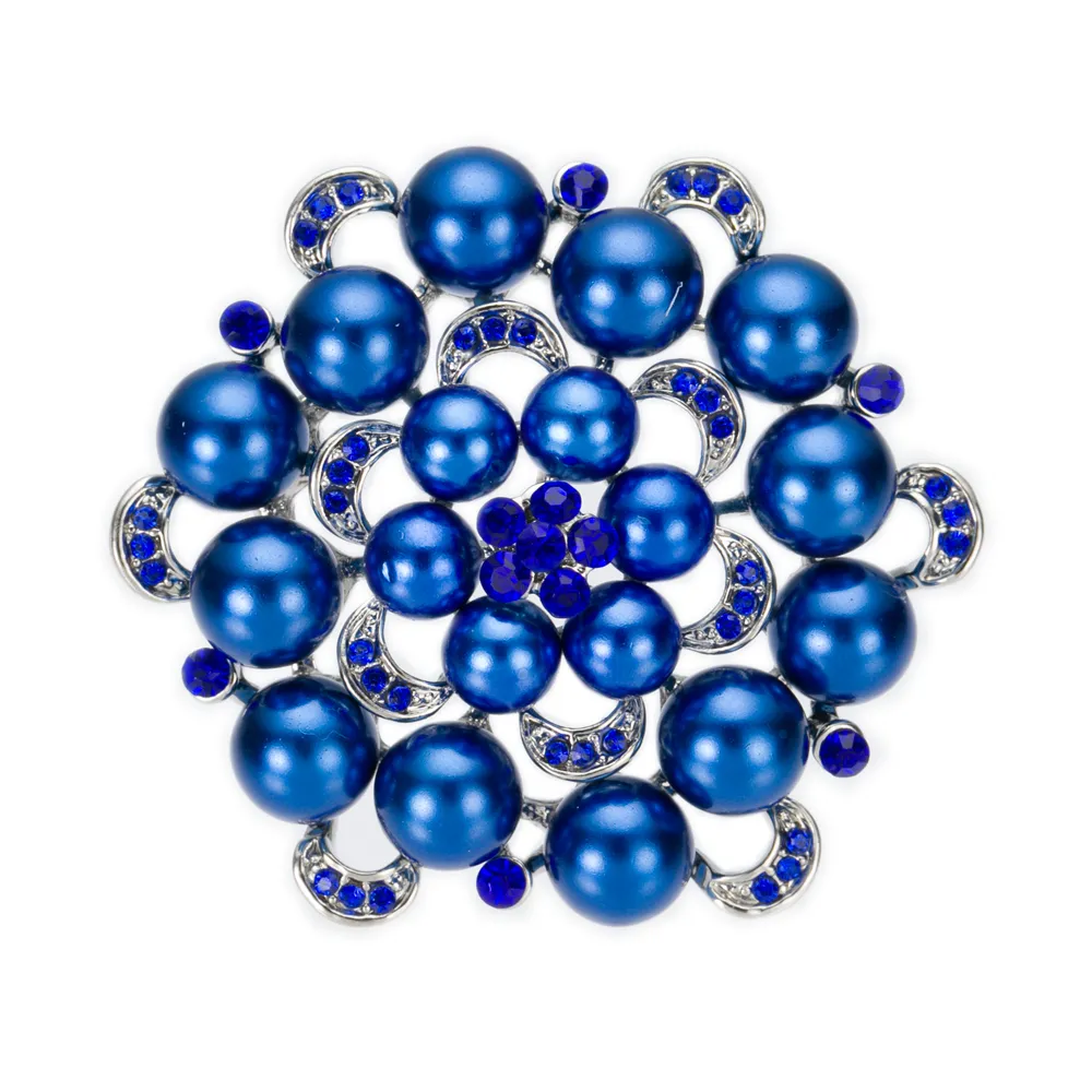 Broche de mariée en cristal royal bleu et perle fleur plaquée argent