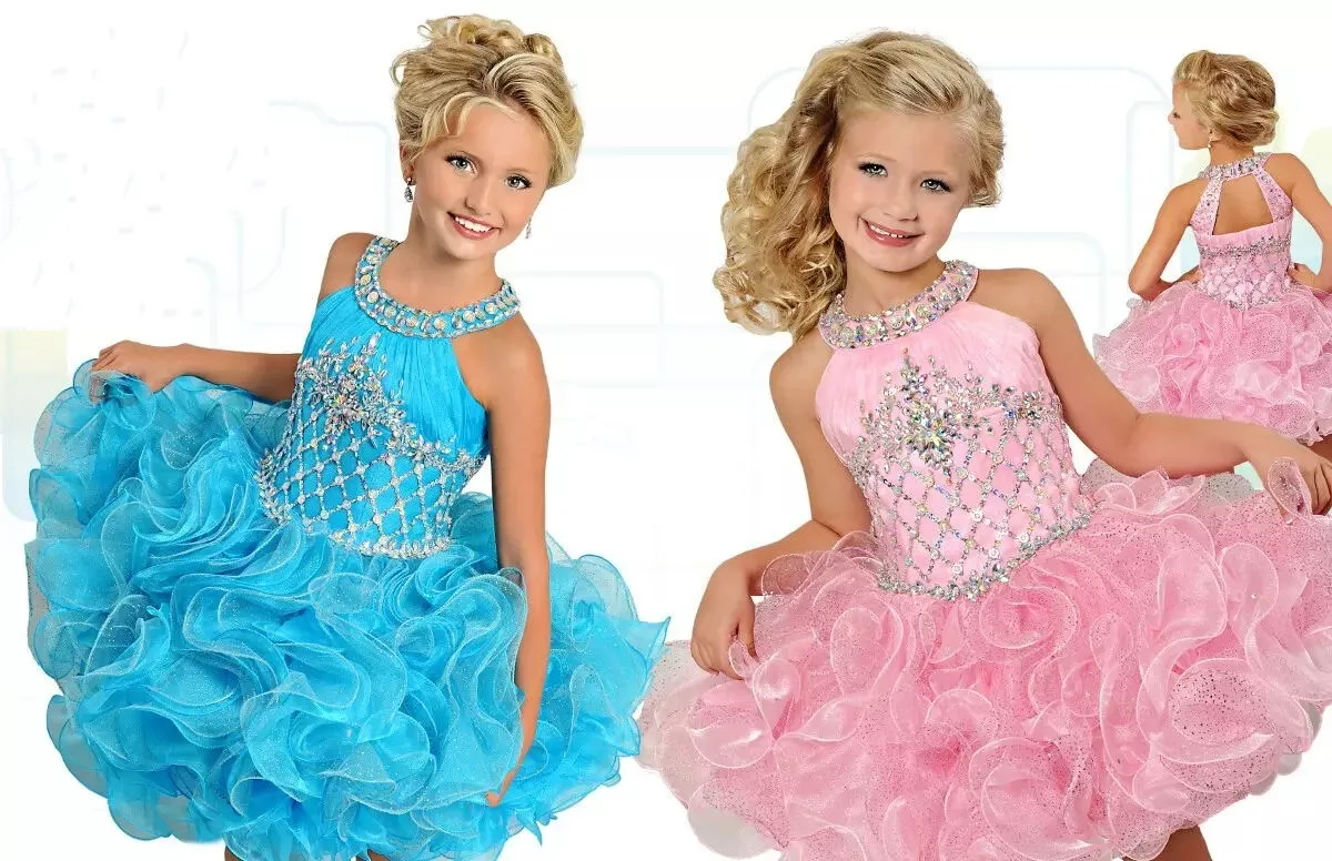 2022 Glitz Cupcake Girls Pageant Dresses Pink Organza babados de flores Dress Vestido de aniversário da moda Mini Vestidos de Crystal Ball
