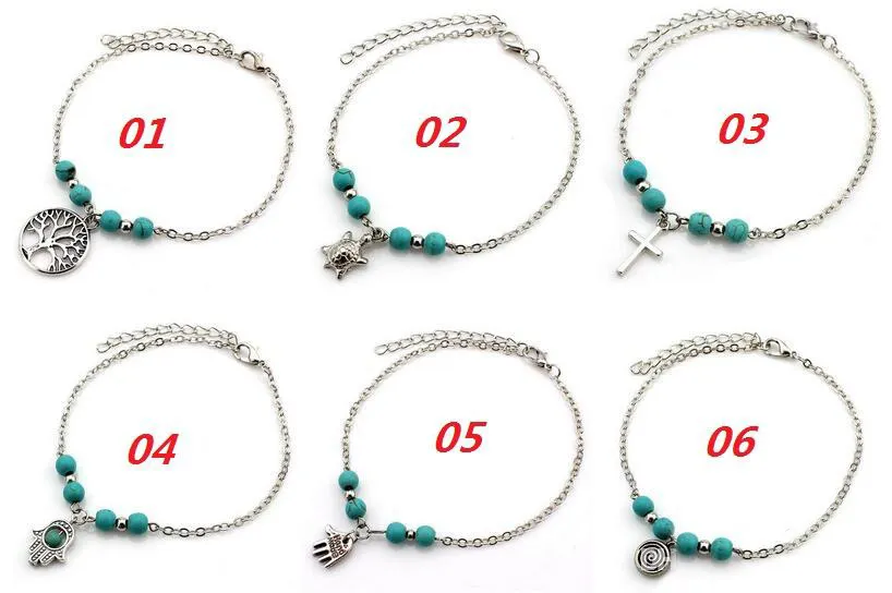 6 Styles Bohemian Turquoise Anklets Women Beach Foot Chains Cross Tree Turtles Conch Fatima's Hand Anklet For Ladies Fashion Jewelry