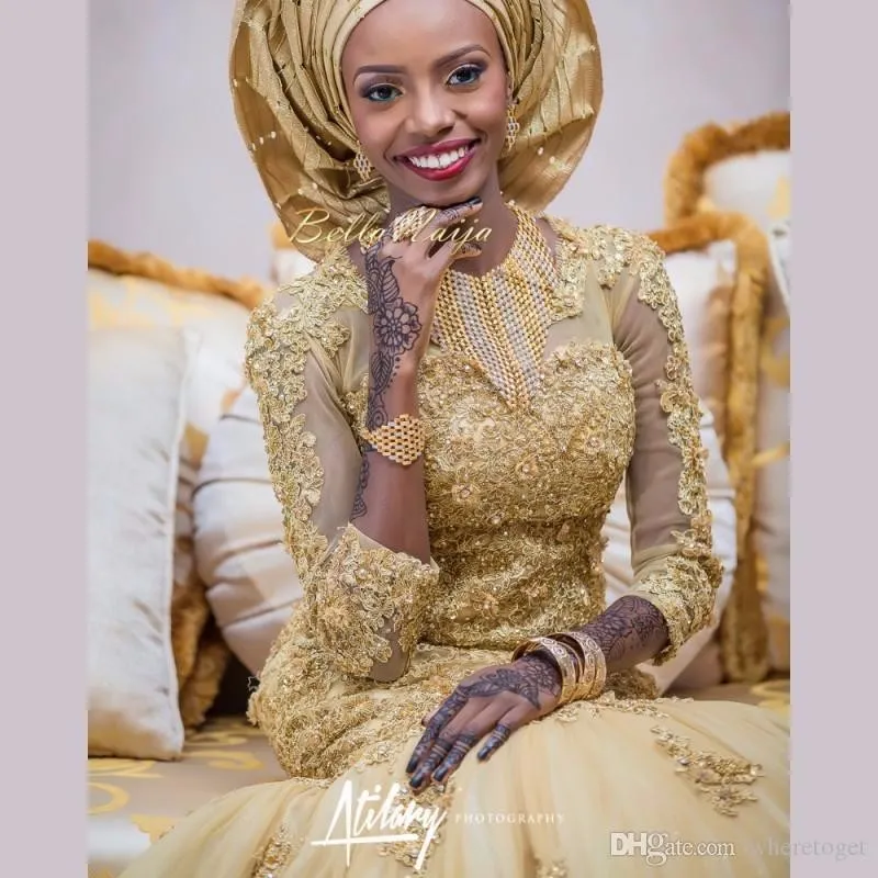 2021 Árabe Sereia Vestidos de Noiva Rendas Douradas Apliques Africanos Nigerianos Mangas Três Quartos Vestidos de Noiva com Envoltório de Tule295c