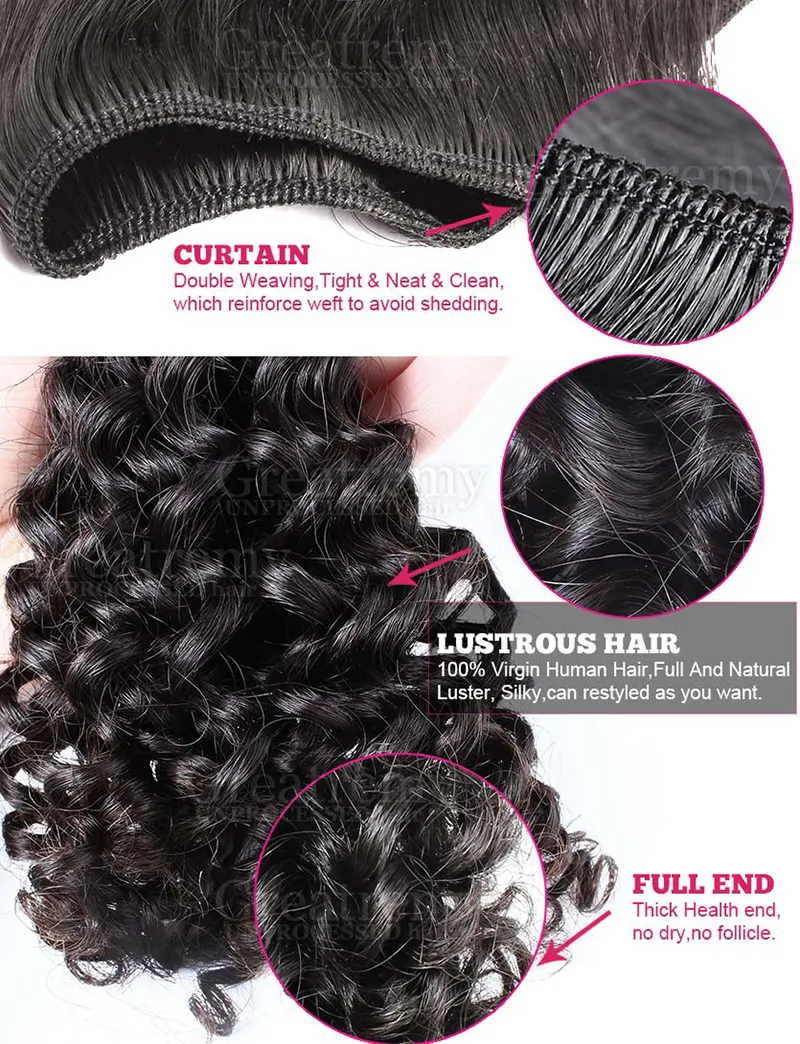 Greatemy® Curly Hair Extension buntar med 3 part Curly Lace Closure 4 * 4 100% Malaysisk Virgin Human Hair Weave On Sale