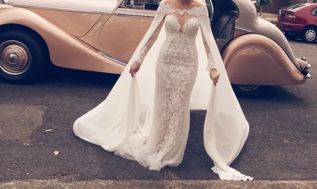 Elegant Long Sleeves Wedding Dress With Wrap Sheer Jewel Neckline Lace Applique Tulle Mermaid Wedding Gowns 2017 Stylish Sexy Bridal Dresses