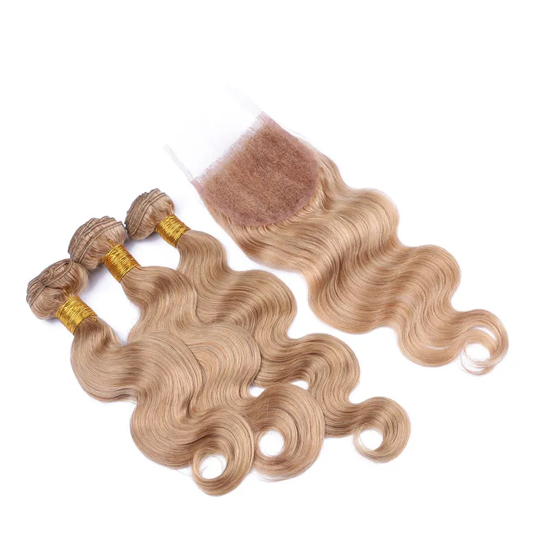 27 Miel Blonde 4x4 Dentelle Top Fermeture Partie Avec Péruvienne Fraise Blonde Vierge Cheveux Weave Bundles Vague de Corps Lot6549444