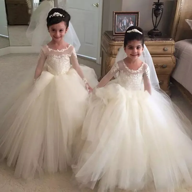 Pretty Lovely Long Sleeves Flower Girl Dresses For Weddings Custom Made Applique TuTu Girls Pageant Dress 2017 Gorgeous Girls Birthday Dress