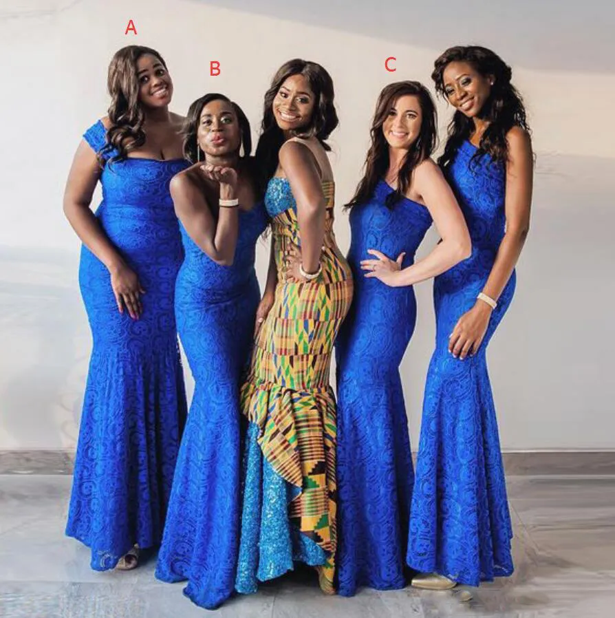 Royal Blue Three Styles Mermaid Long Bridesmaid Dresses Lace Plus Size Maid Of Honor Gowns One Shoulder Wedding Guest Formal Party Dresses