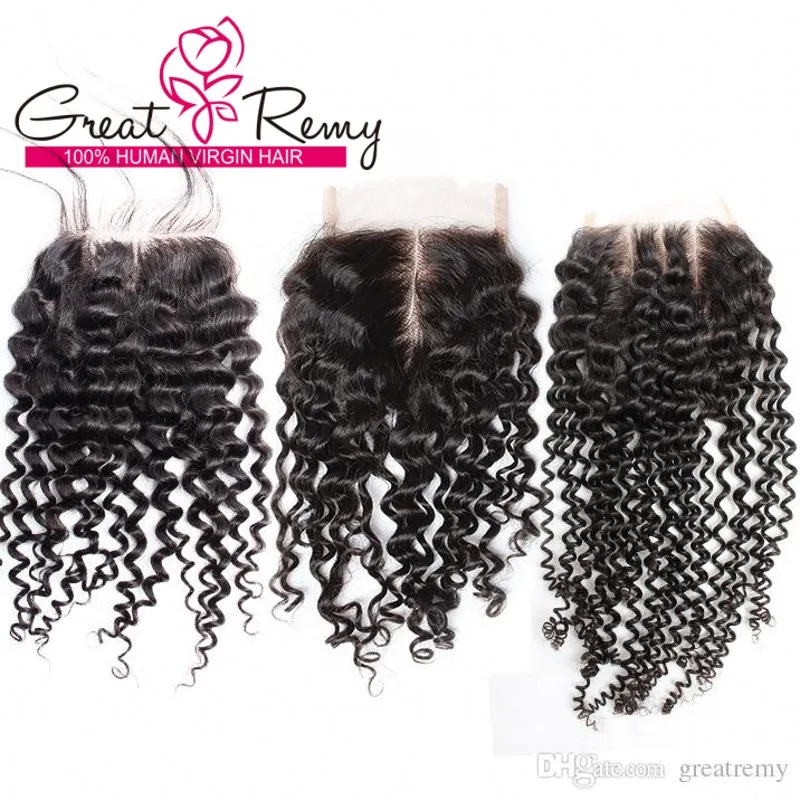 SALE Top Lace Closure Curly Hair Free Middle 3 Part 4x4 Hairpieces Virgin Hair Closure Extensions Deal Natural Black Dyeable Indian Human Hair Greatremy