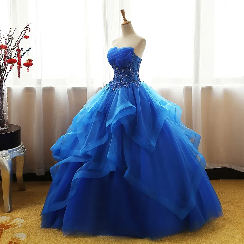 Fancy Royal Blue Prom Dress Ball-toga Quinceanera Jurken Strapless Lace-Up Back Organza Layers Tule Floral Applique met Shining Pailletten