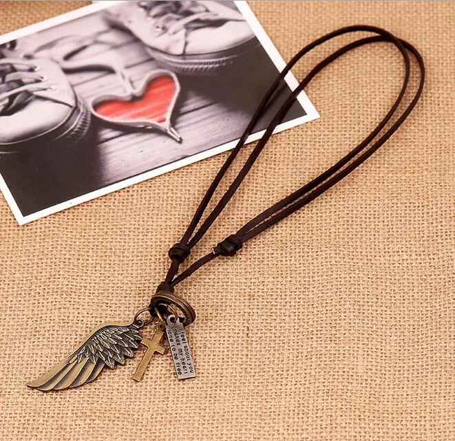 Men Vintage Angel Feather Eagle Wing Cross Leather Chain Necklace Pendant Gift G540