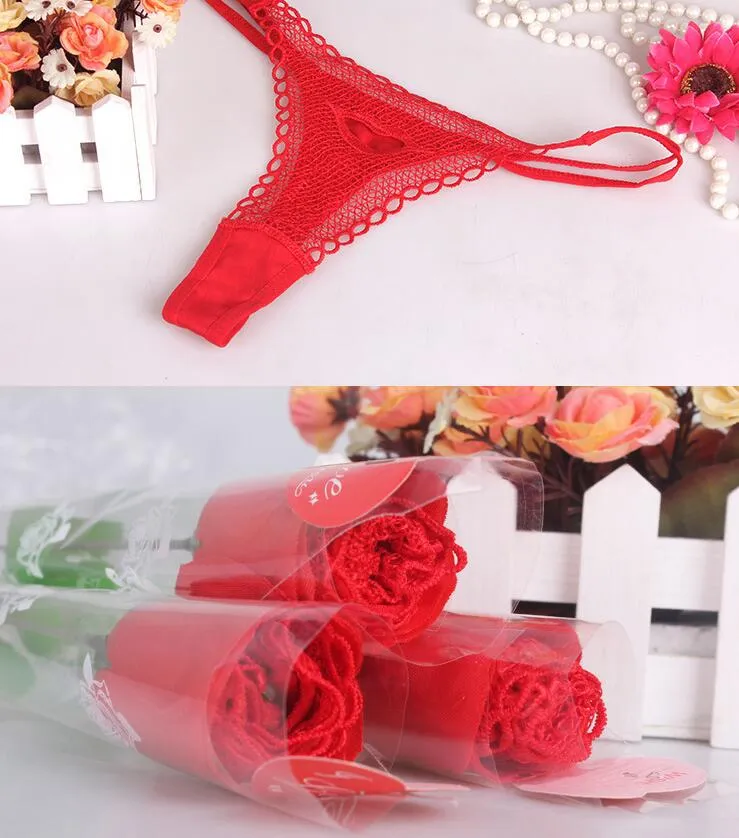 Valentines Day Rose Thongs Gift Set For Wife Sexy Red Lace Panties